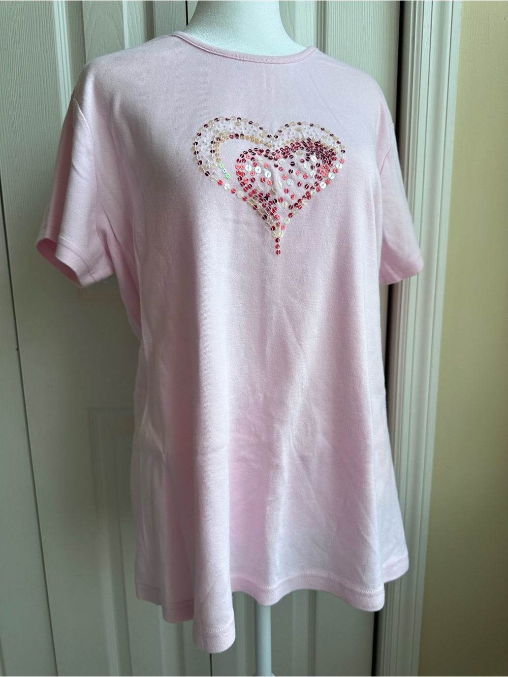 Vintage Motherhood Maternity Pink Short-Sleeve Tee with Heart Sequin Detail